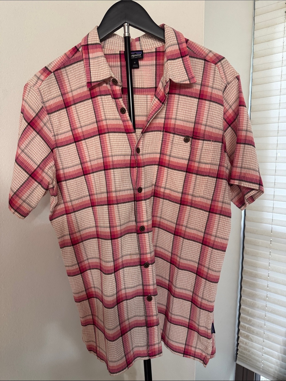 Patagonia Men’s Short-Sleeve Plaid Button-Down in Pink and White